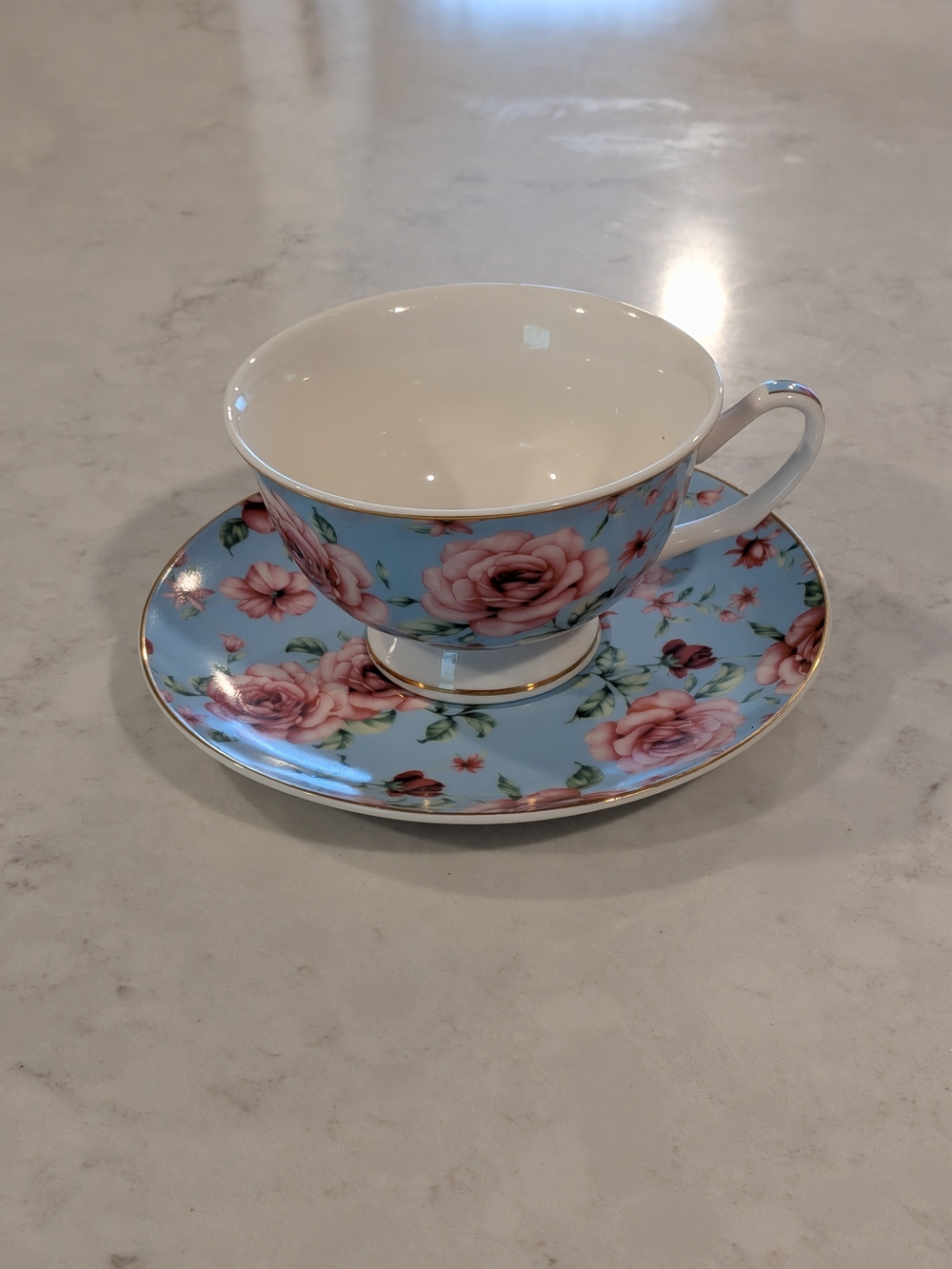 Vintage From 2007s BTaT Floral Teacup and Saucer - Pink Roses on Sky Blue